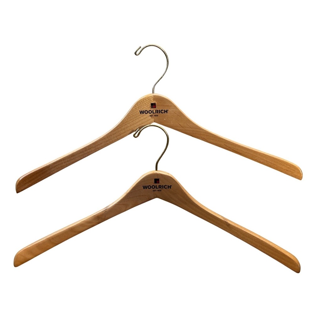 Woolrich Wooden Coat Hangers Set of 2 Natural Wood Gold Hook Logo EST 1830‎